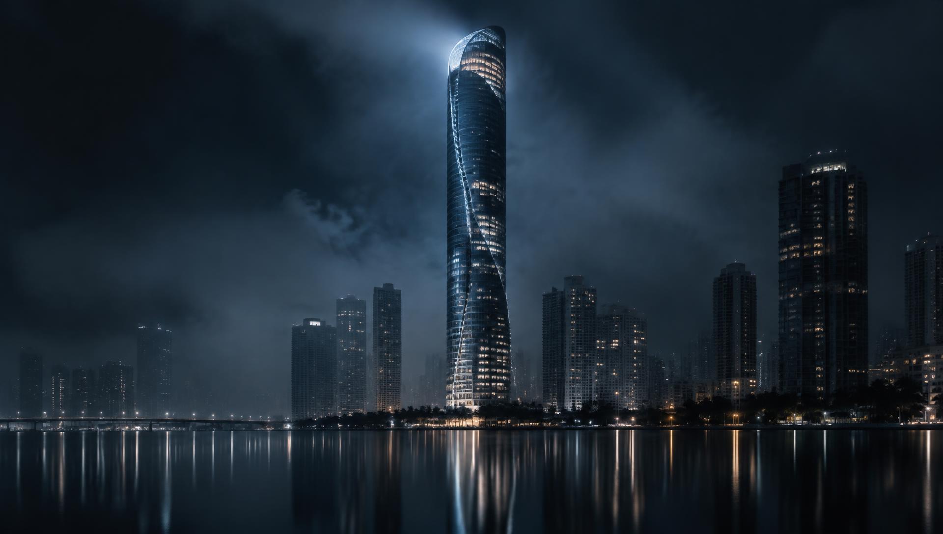 Tower rising above the Miami River waterfront at dusk