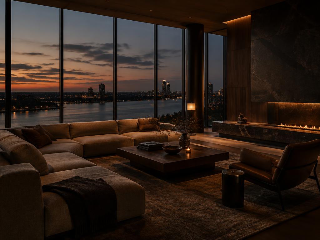 Interior of a high-floor residence with floor-to-ceiling glass over the water at dusk